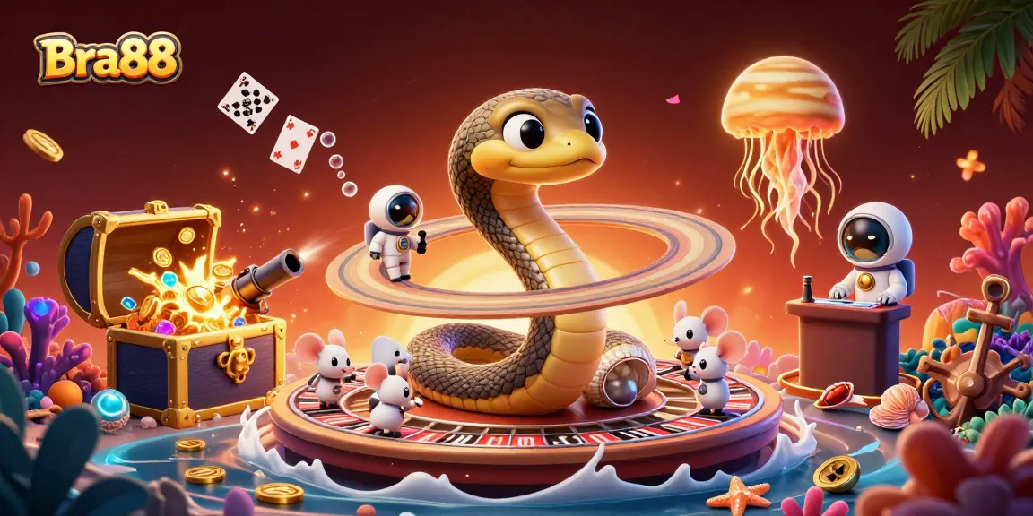 Engage with Bra88 as astronaut mice bet on a cosmic roulette, under the sparkling sea of casino treasures.