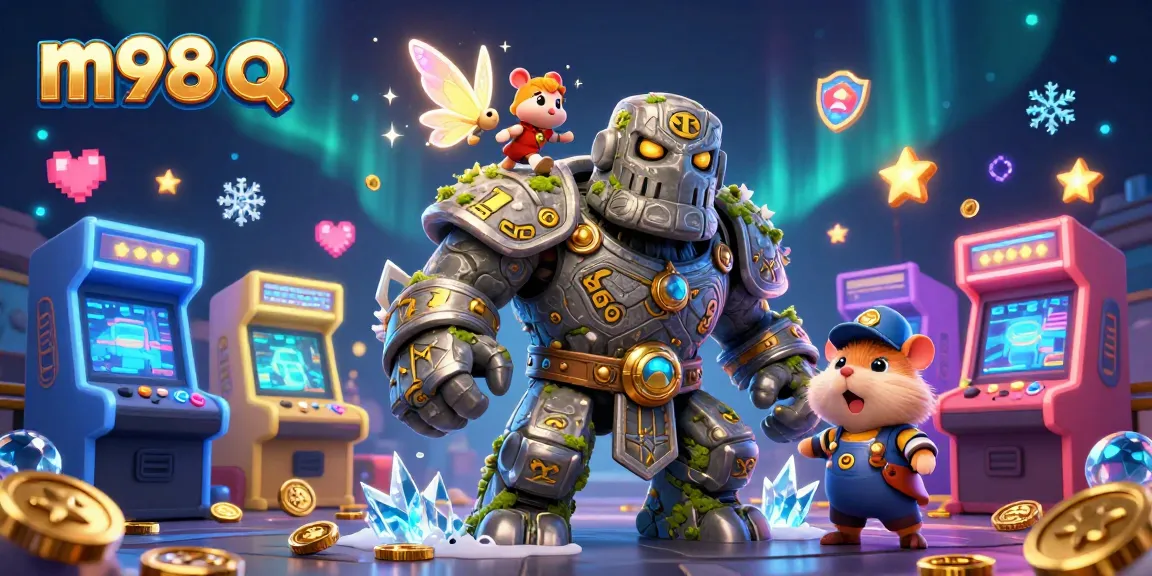 Engage with m98 q through vibrant casino-themed illustration featuring ancient golem and fairy magic.