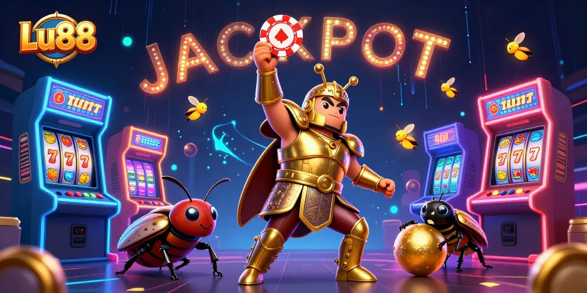 Experience excitement at Lu88 with a victory pose from a heroic beetle and vibrant casino elements.