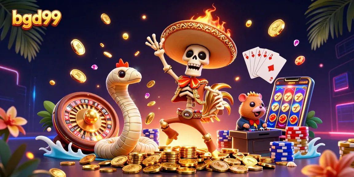 Experience the vibrant excitement of bgd99 with a lively 3D casino scene featuring colorful characters and game elements.