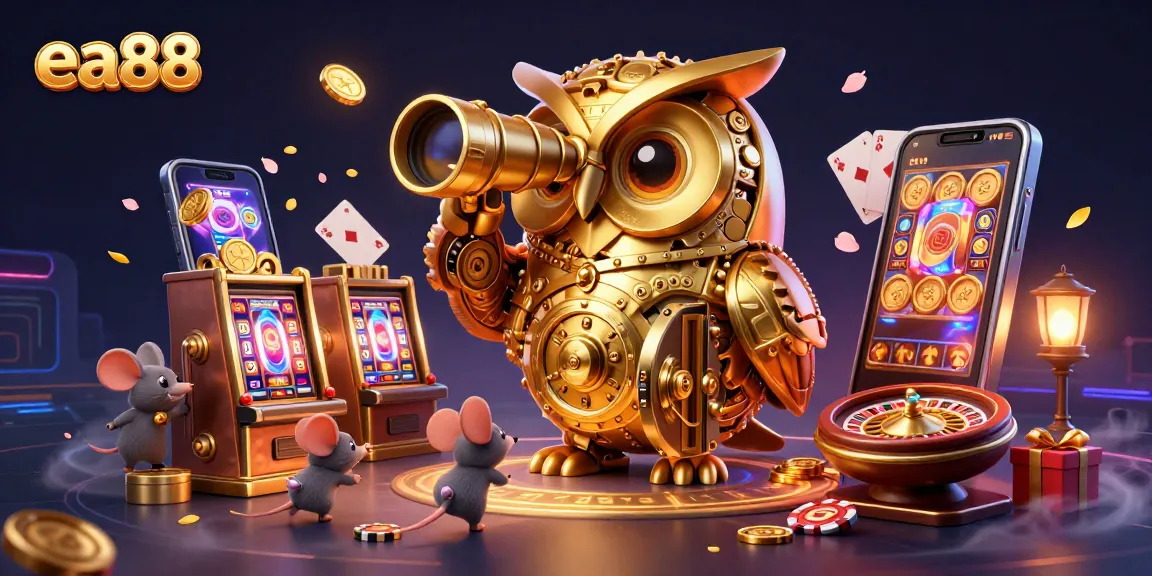 Win jackpots at ea88 with a whimsical casino scene including a golden owl and animated mice.