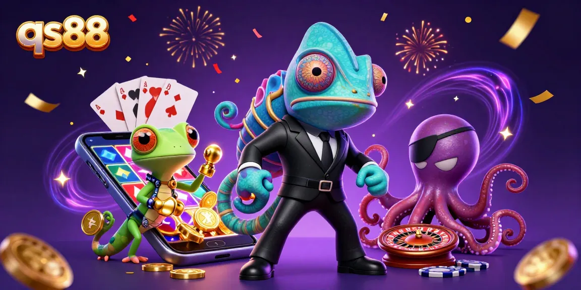Experience qs88’s vibrant casino gaming with a dynamic 3D illustration featuring colorful characters and thrilling game elements.