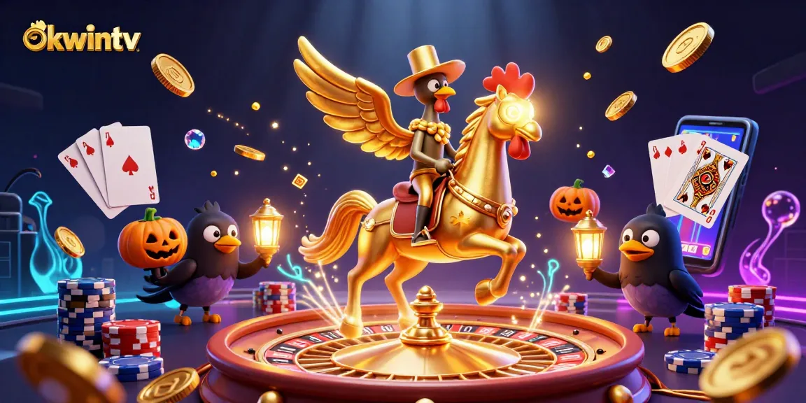 Experience the thrilling action of okwintv with a vibrant 3D casino scene featuring games and characters.