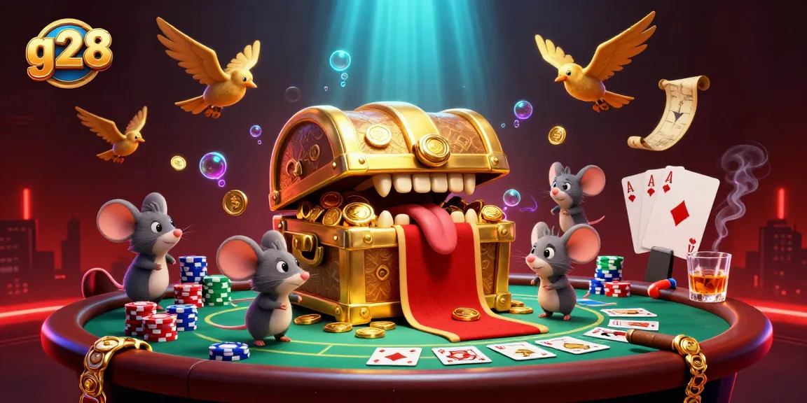 g28 engages players with a vibrant casino scene featuring a treasure chest, poker chips, and dynamic cards.