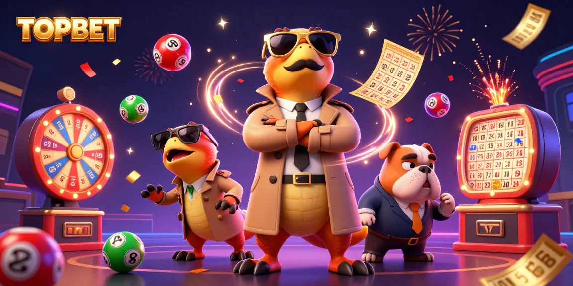 TOPBET characters navigating into a VIP casino lounge, featuring vibrant gambling elements and dynamic effects.