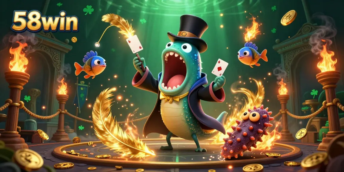 Experience thrilling gambling action with 58win's colorful deep-sea characters performing magic tricks in a vibrant casino scene.