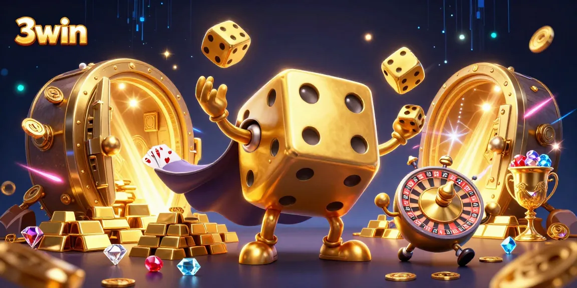 Experience the vibrant world of 3win with a dazzling casino scene featuring golden dice and dynamic elements.