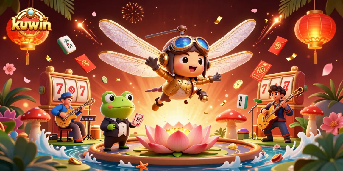 Kuwin casino scene showcasing a pilot dragonfly and a frog dealer amidst vibrant gaming elements and festive decor.