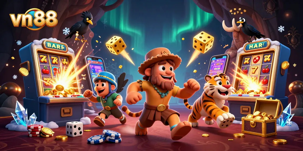 Experience thrilling wins at vn 88's casino with vibrant slot machines and playful characters in a dynamic 3D scene.