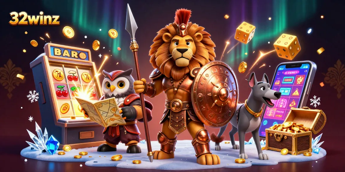 Experience the excitement of 32winz with a vibrant 3D casino illustration showcasing thrilling game elements.