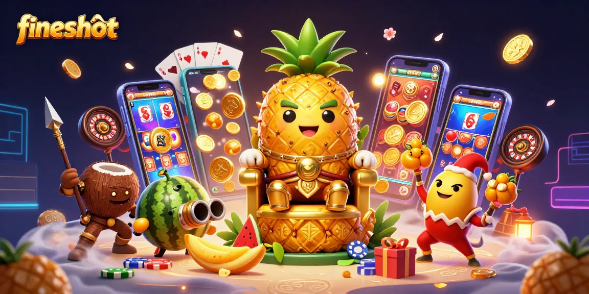 Engage with fiveshot in a vibrant 3D casino scene featuring slot games, coins, and cartoon characters.
