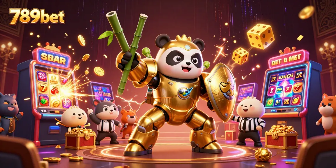 Play exciting games at 789bet with golden panda piloting a fighting robot amidst casino chaos.