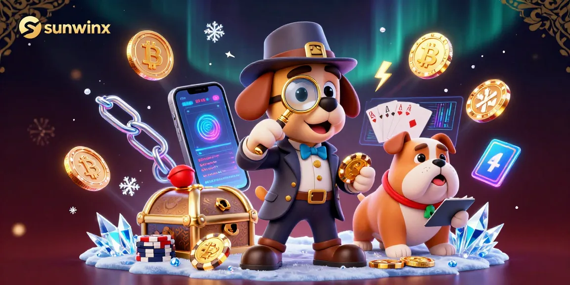 Engage in the sunwinx poker experience with a bloodhound detective examining clues amidst crypto coins.