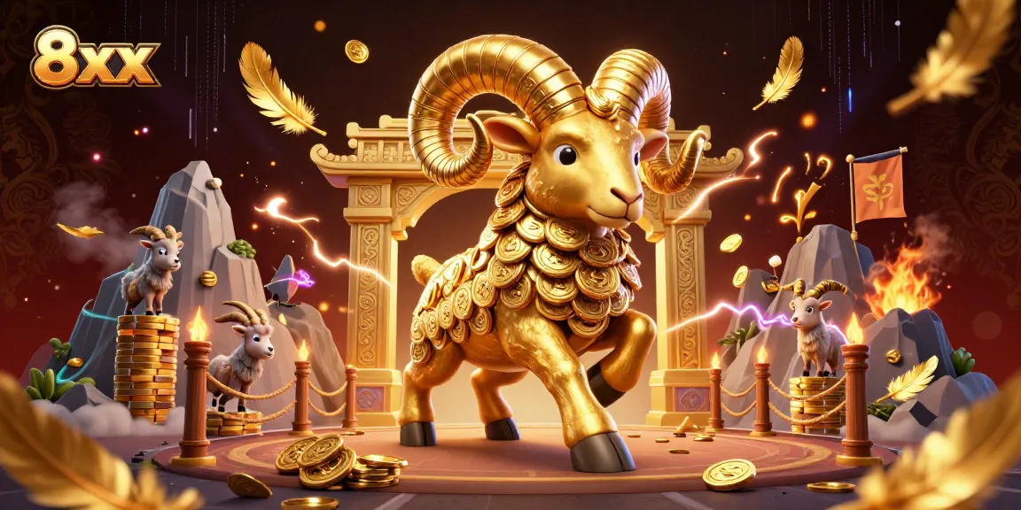 Engaging scene of the 8xx at a casino with a golden ram charging through a gate amidst gold coins.