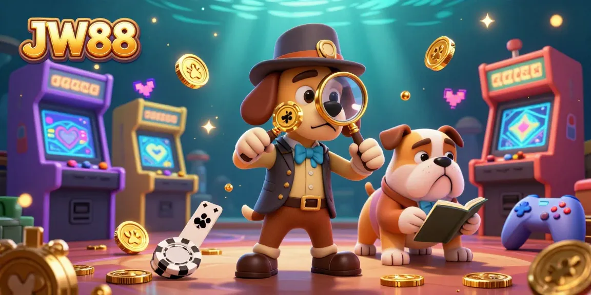 JW88's cartoon detective investigates a treasure in a colorful casino-themed illustration with game elements.