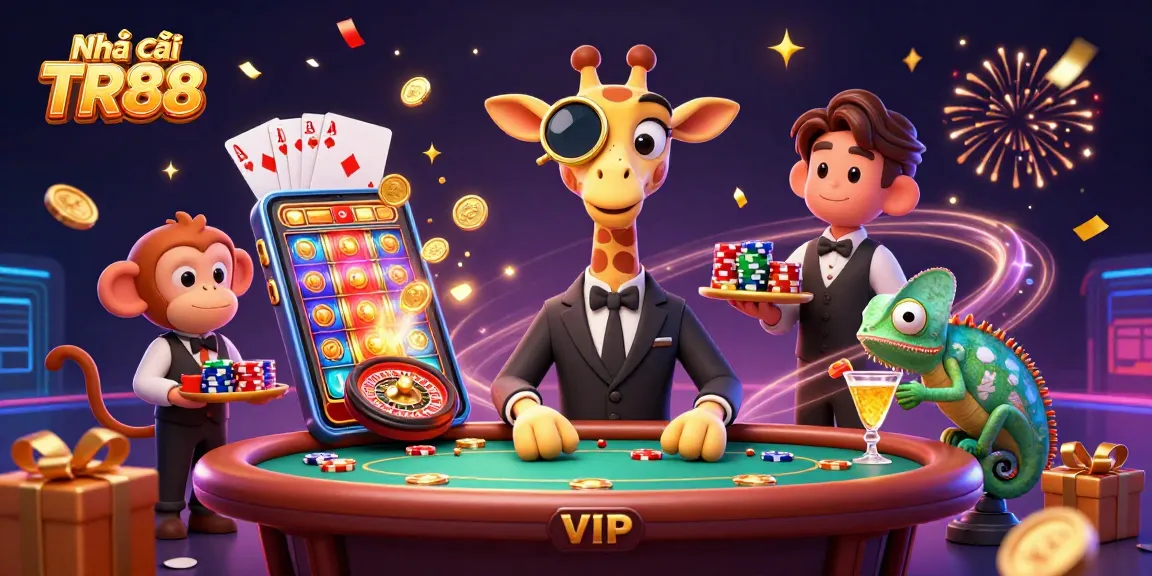 Experience exciting gambling at Nhà cái TR88 with colorful slot games, poker action, and vibrant casino elements.