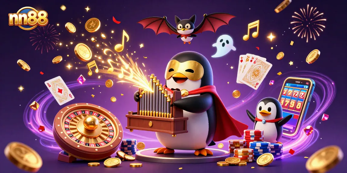 Experience thrilling wins at nn88 with golden coins, an opera-style penguin, and vibrant casino elements.