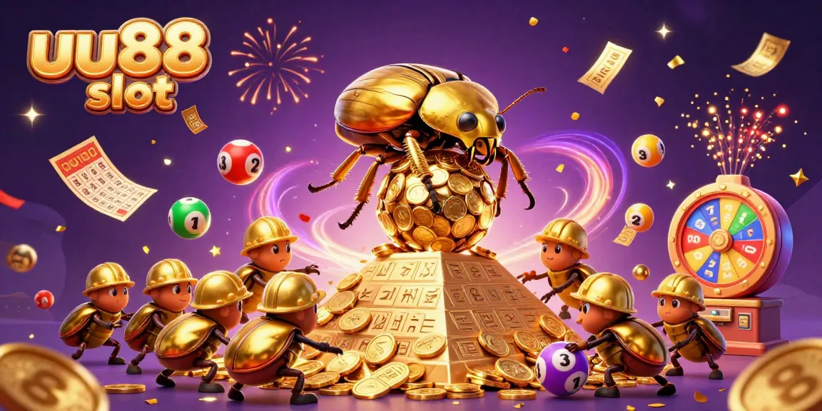 Experience dynamic excitement with uu88 slot as adorable beetles roll golden coins in this vibrant casino scene.