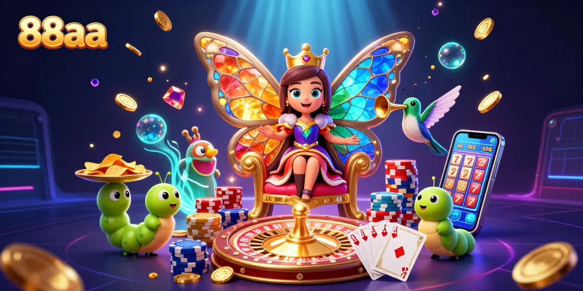 Engage with 88aa's vibrant 3D casino illustration featuring a butterfly queen and lively gaming elements.