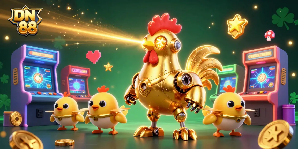 Experience thrilling gaming at DN 88 with golden rooster robot and vibrant arcade elements.
